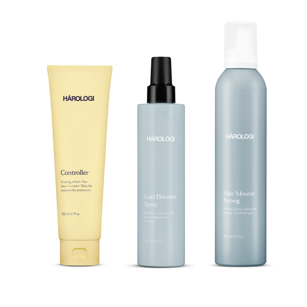 Krøllepakke fra Hårologi, indeholdende krøllecreme, curl booster, hair mousse