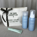 Sanne Brandi gavesæt Styling – Hårologi Mega Hold Hairspray, Hair Mousse Strong og lille taske